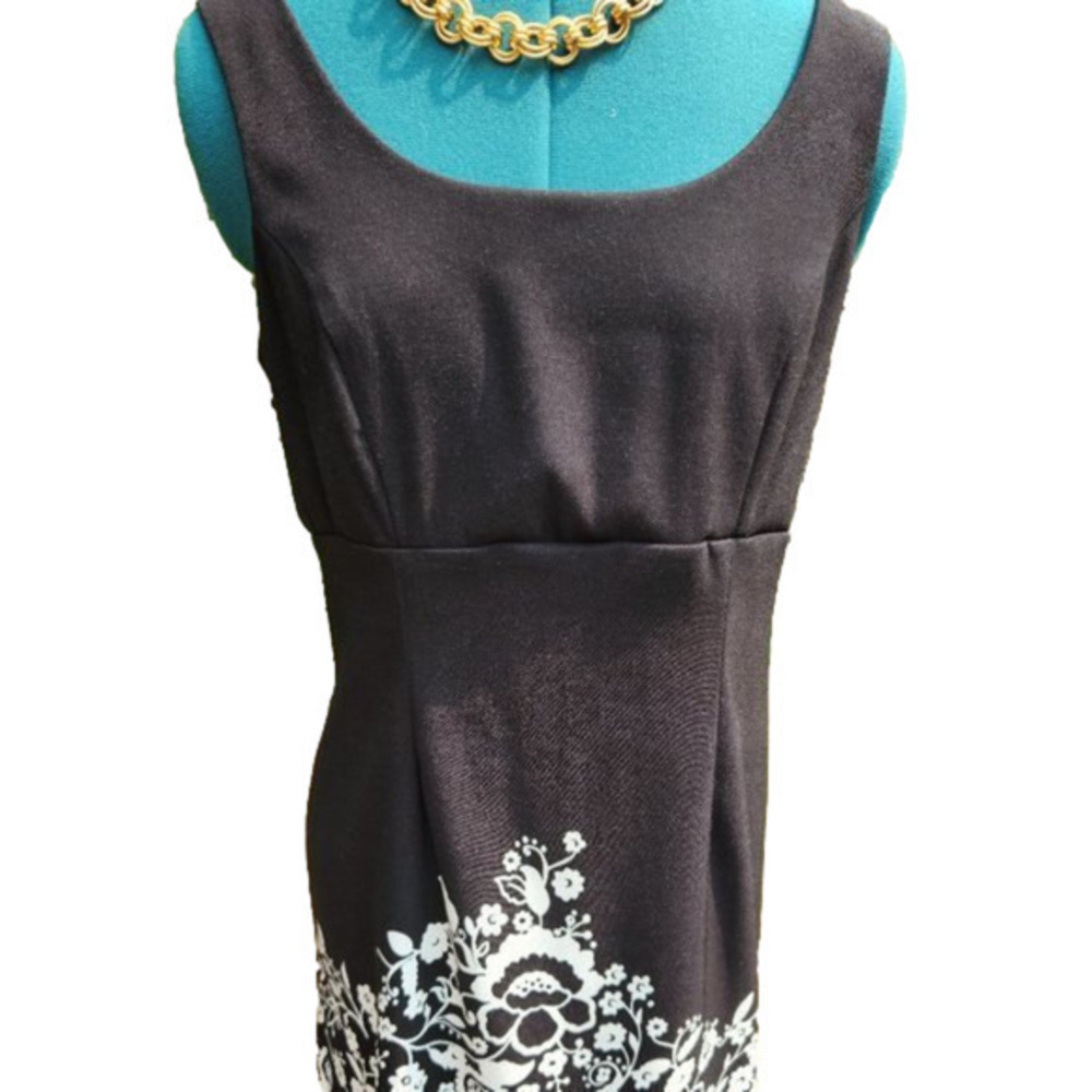 388. Ronnie Nicole Black Sleeveless Empire Waist Dress w/ white border print |10